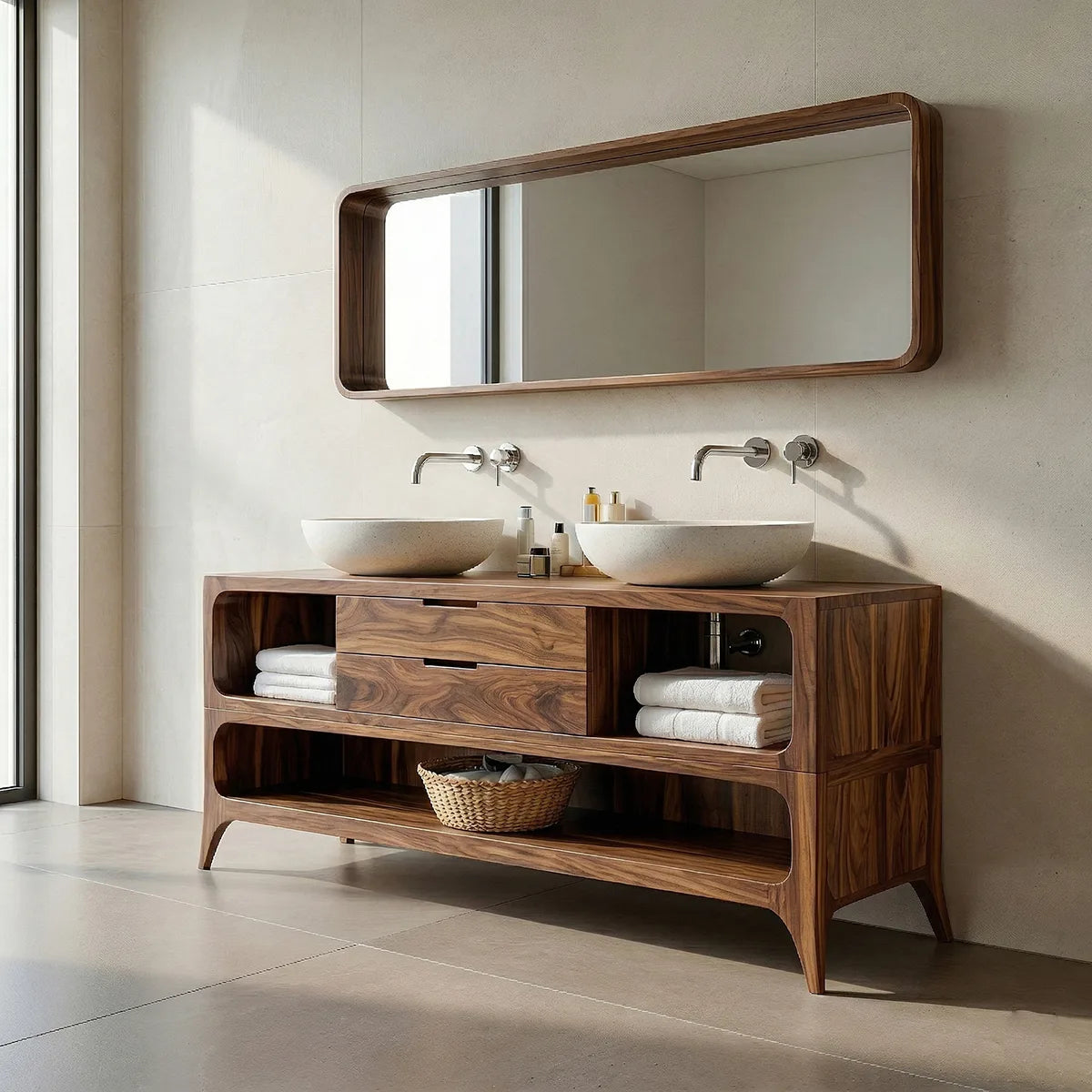 Handcrafted Natural Solid Wood Vanity Cabinet with Drawers and Open Shelves