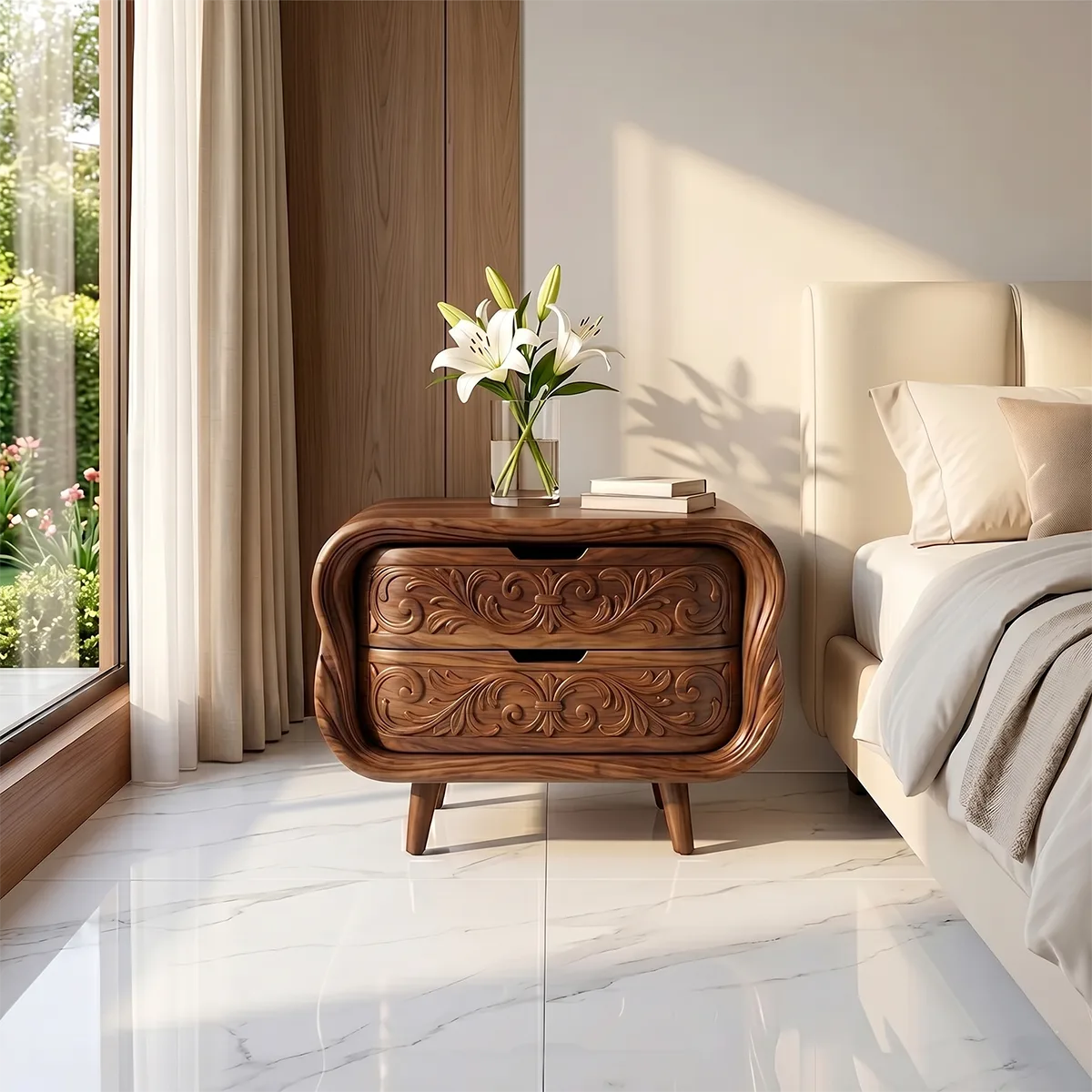 Carved Nightstand with 2 Drawers | Luxury Sculptural Bedside Table TH003-7822