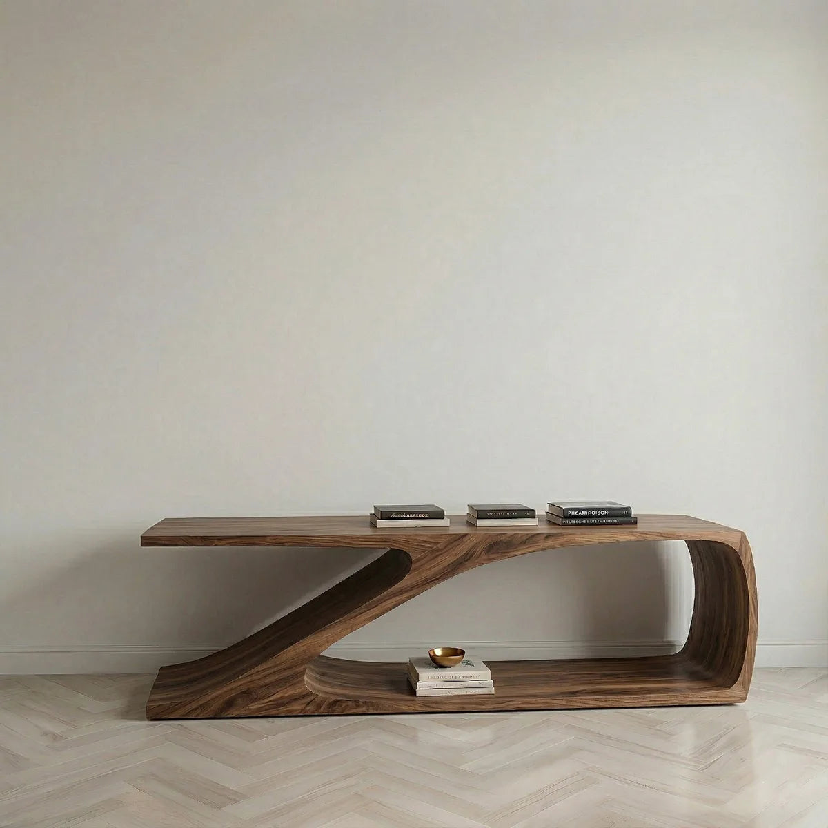 Solid Wood Sofa Console Table with Sculptural Curved Shelf Base
