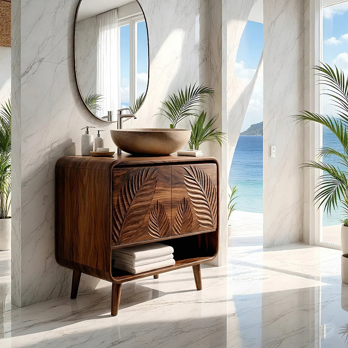 Handcrafted Solid Wood Vanity Cabinet with Carved Doors and Open Shelf
