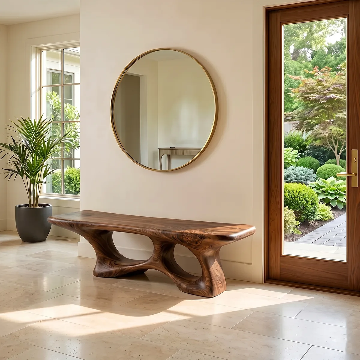 Sculptural Entryway Bench, Organic Modern Bench with Architectural Openwork Base TH003-5014