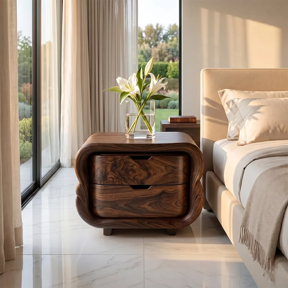 Modern Curved Nightstand | Sculptural 2 Drawer Bedside Table TH003-3504