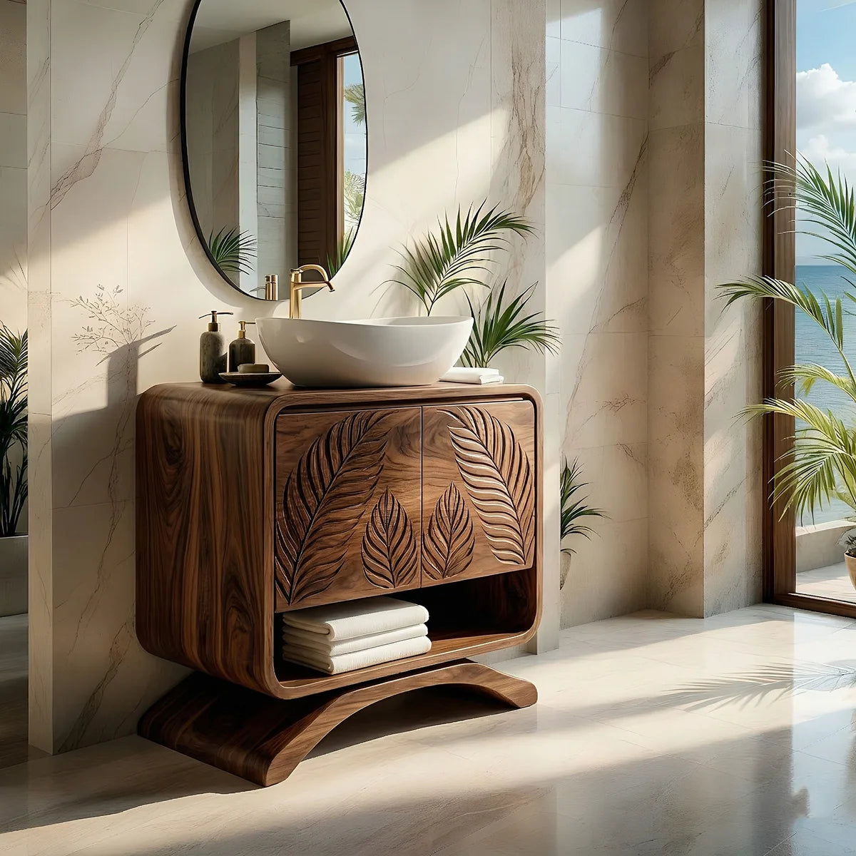Handcrafted Solid Wood Vanity Cabinet with Carved Doors