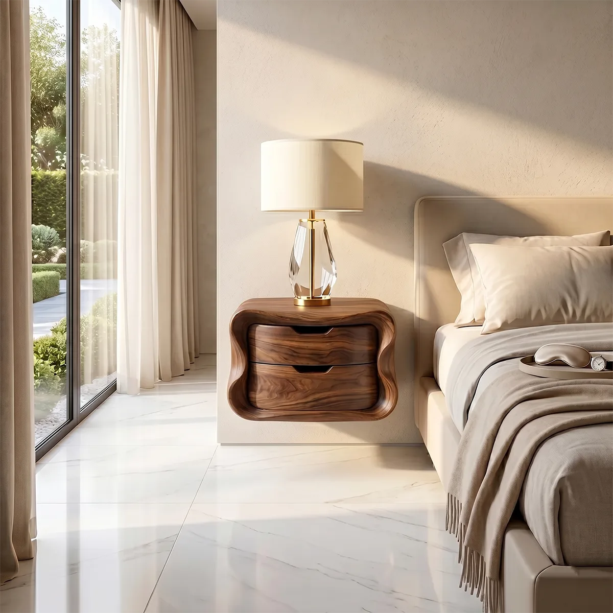 Floating Nightstand with 2 Drawers | Modern Curved Wall Mounted Bedside Table TH003-8175