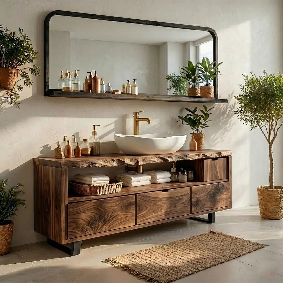 Rustic Natural Solid Wood Bathroom Vanity, Single Sink Wood Vanity with 3 Drawers & Open Shelf
