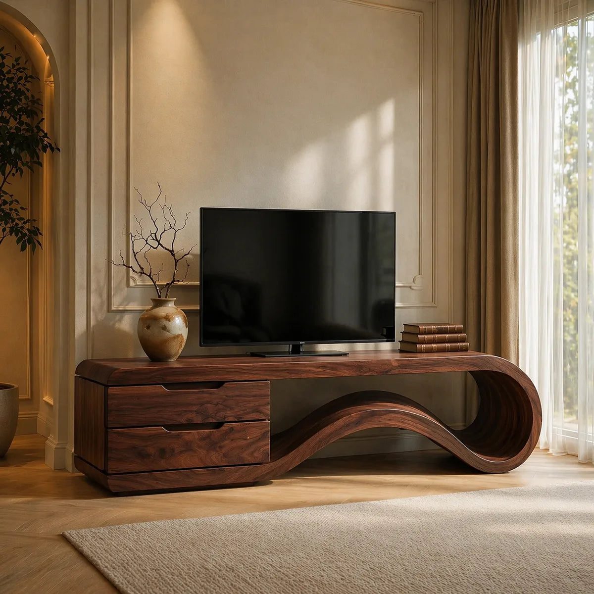 Solid Wood TV Console with Sculptural Wave Shelf and 2 Drawers