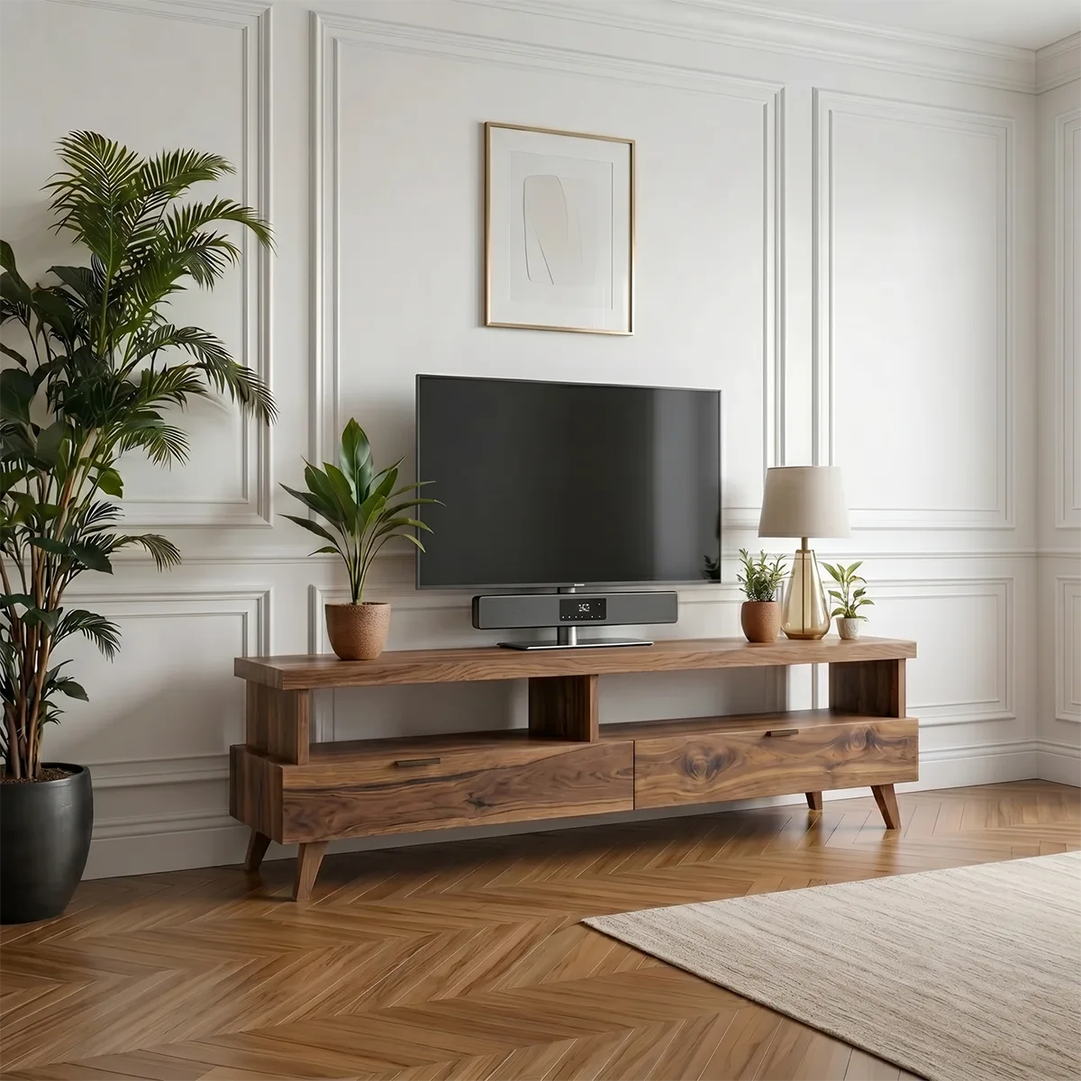 Minimalist TV Stand with Open Shelf and 2 Drawers