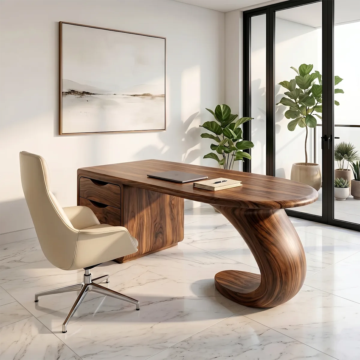 Sculptural Executive Desk | Modern Waterfall Office Desk with Storage TH003-5960