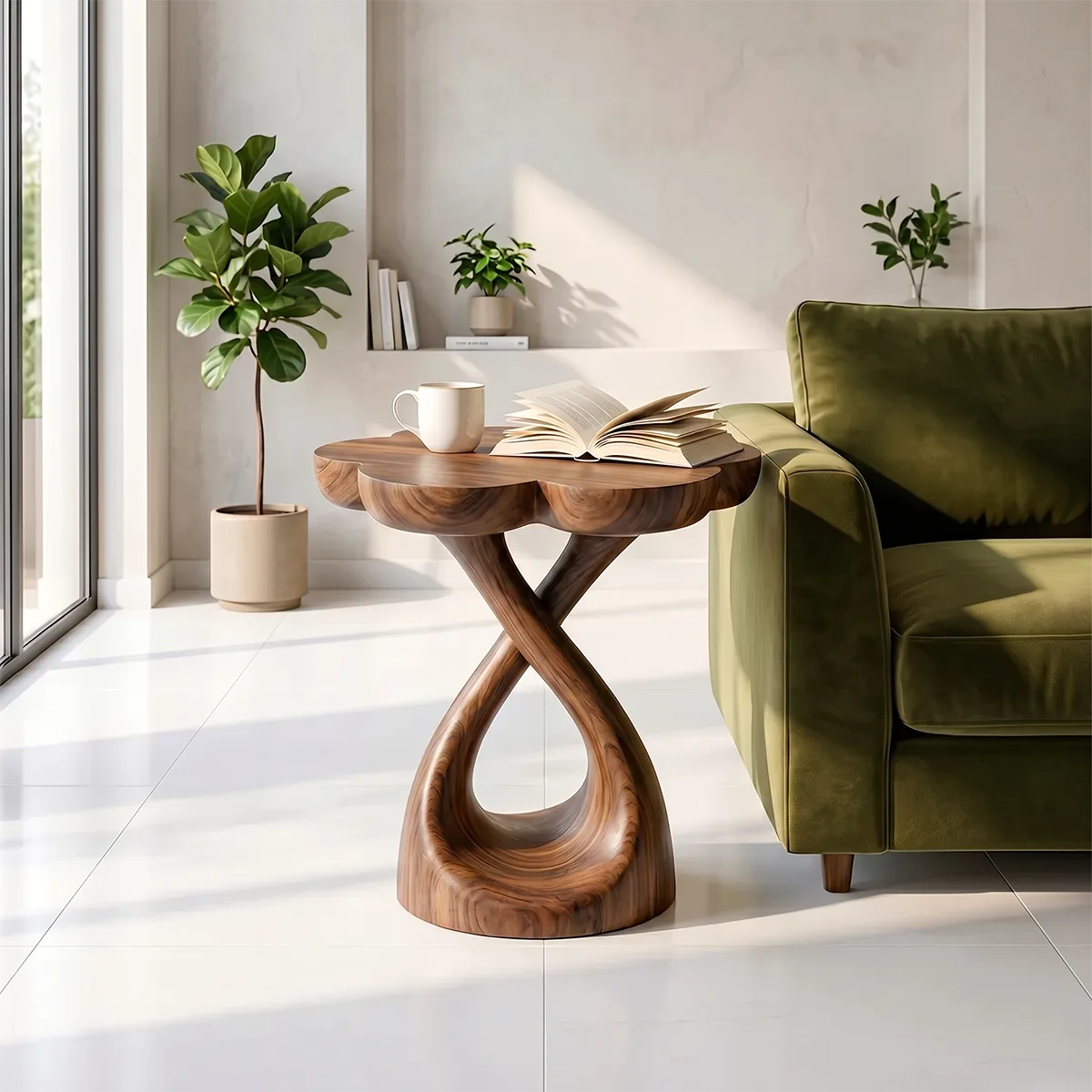 Petal Top Solid Wood Side Table | Sculptural End Table TH003-8683