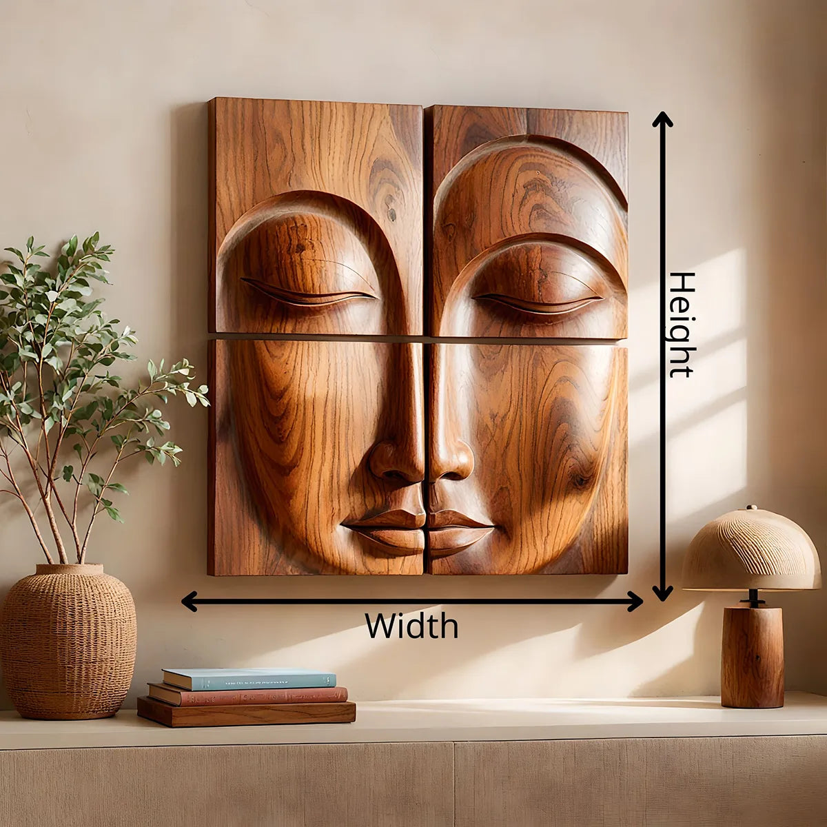 Abstract Wooden Face Wall Art | Large 4 Panel Hand Carved Wood Sculpture TT006-3622