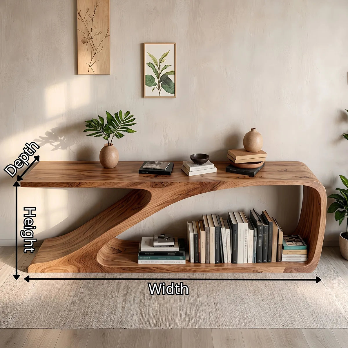 Sculptural Curved Wood Console Table |  Open Shelf Entryway Table HL020-2PQH3QX