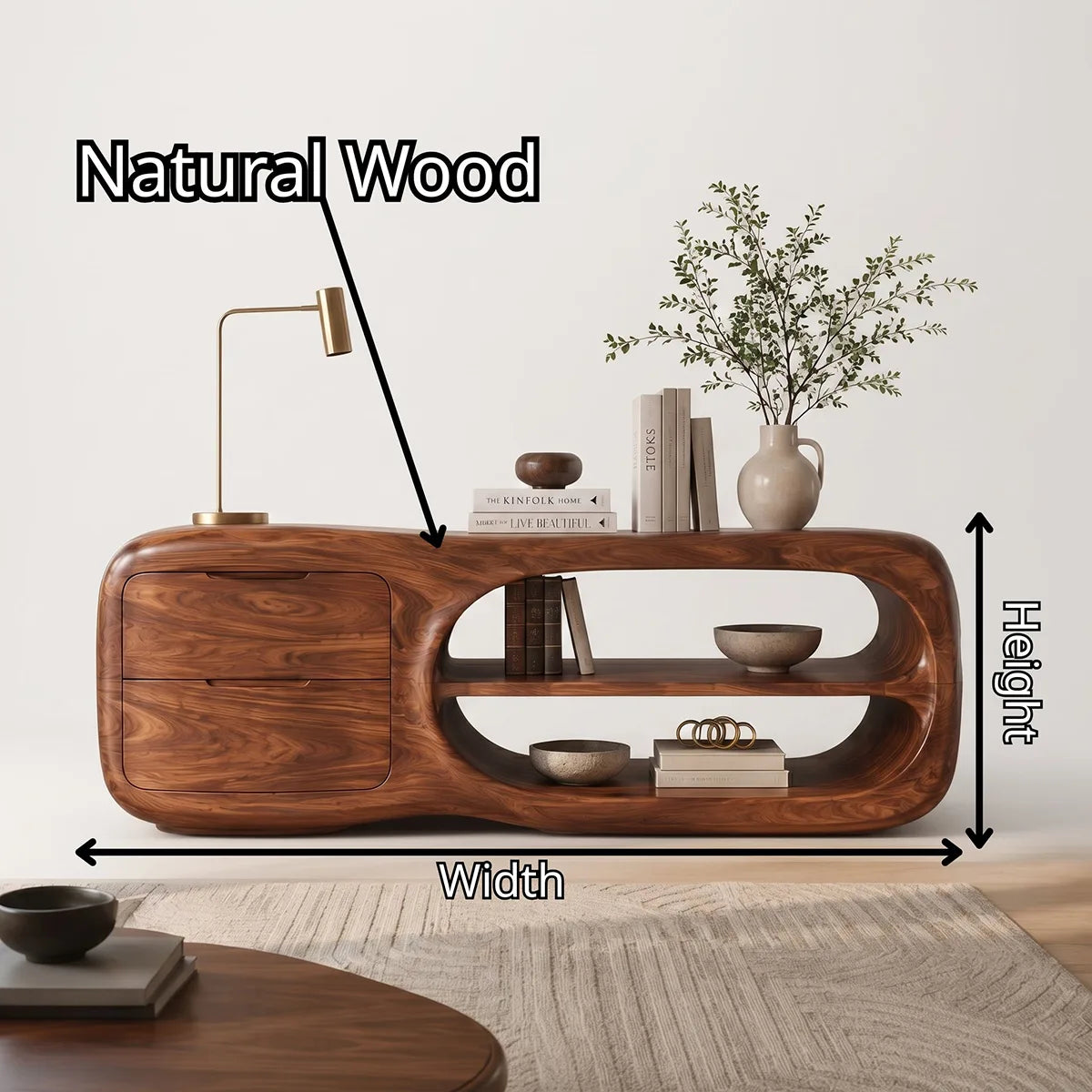 Modern Organic Storage Console Table with 2 Drawers & Open Shelves | Solid Wood Entryway Console TT006-9587