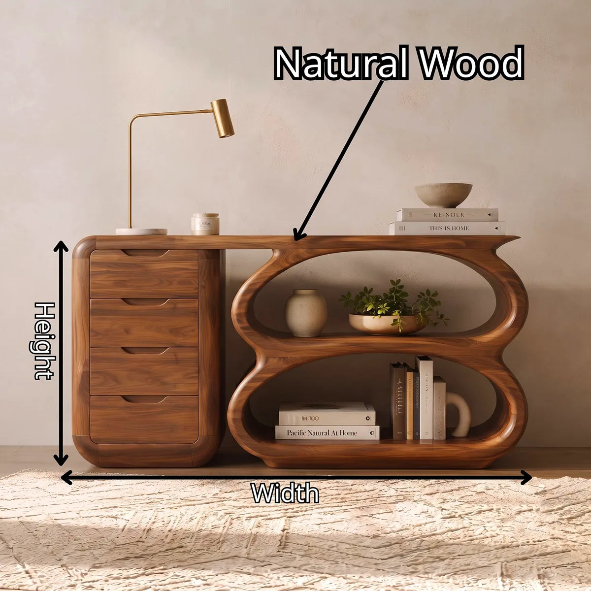 Modern Organic Storage Console Table with Drawers & Open Shelves | Solid Wood Entryway Console TT006-4338