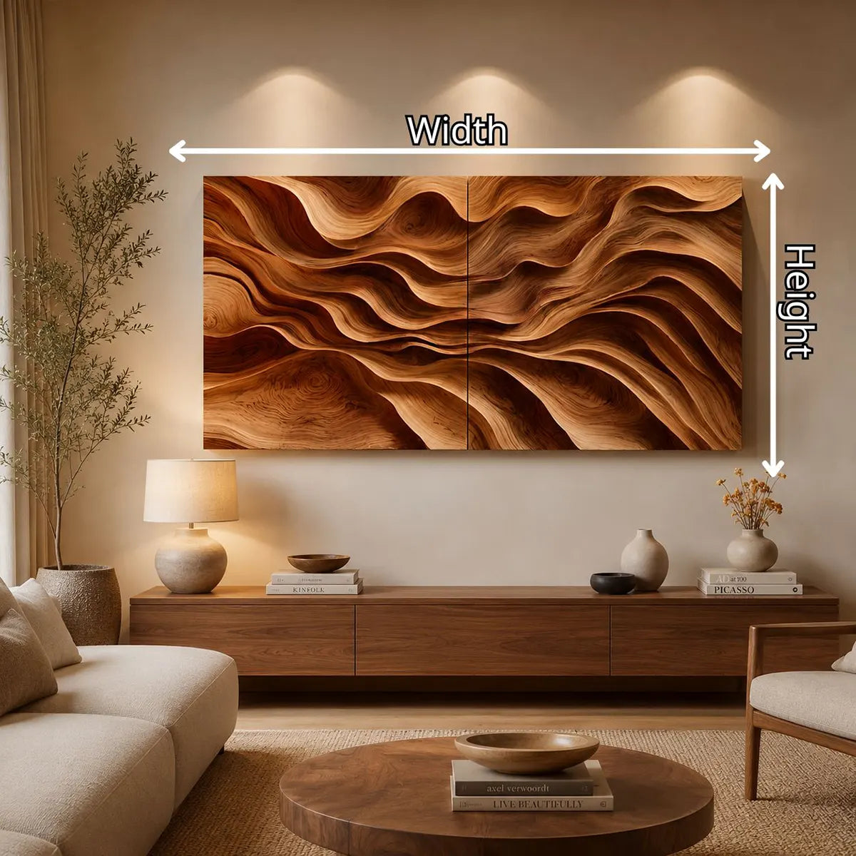 Abstract Wooden Wave Wall Art | Large 2 Panel Hand Carved Wood Sculpture TT006-8376