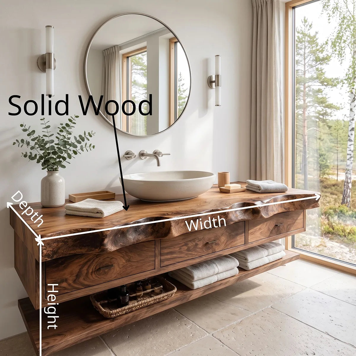 Floating Bathroom Vanity with 3 Drawers & Lower Shelf | Organic Edge Modern Vanity TT006-3IEZ4XF