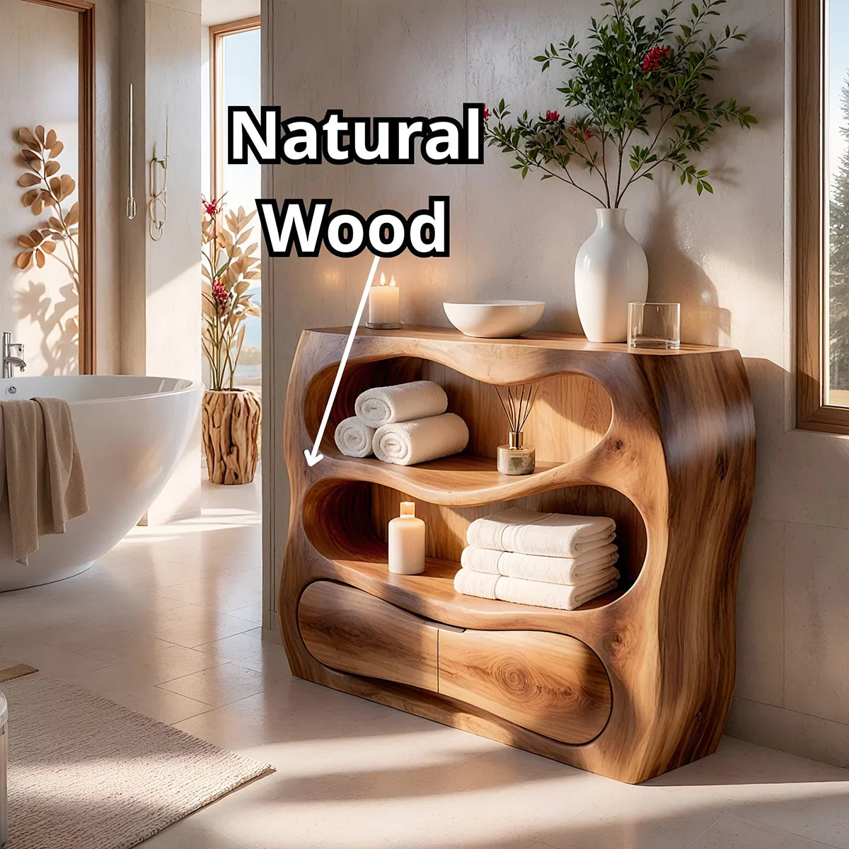 Sculptural Wood Bathroom Vanity | Organic Freestanding Vanity with Open Shelves & Storage Cabinet TT006-6NGL3LR
