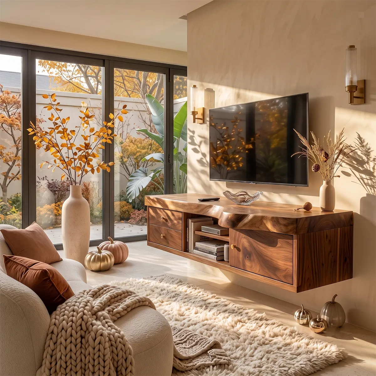 Modern TV Stand with 2 Drawers, Open Shelf & Cabinet | Natural Organic Media Console TT006-3ZLT6YV