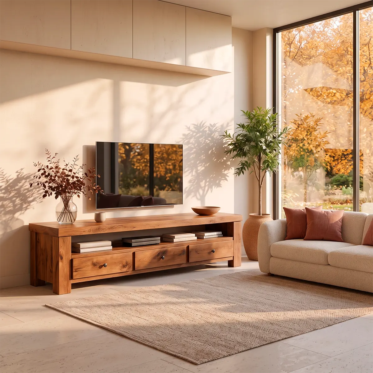 Modern TV Stand with 3 Drawers & Open Media Shelf | Rustic Wood Entertainment Console TT006-5YVS8FX