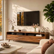 Modern TV Stand with 2 Open Shelves & Enclosed Storage | Sculptural Curved Media Console TT006-5OJR9XY