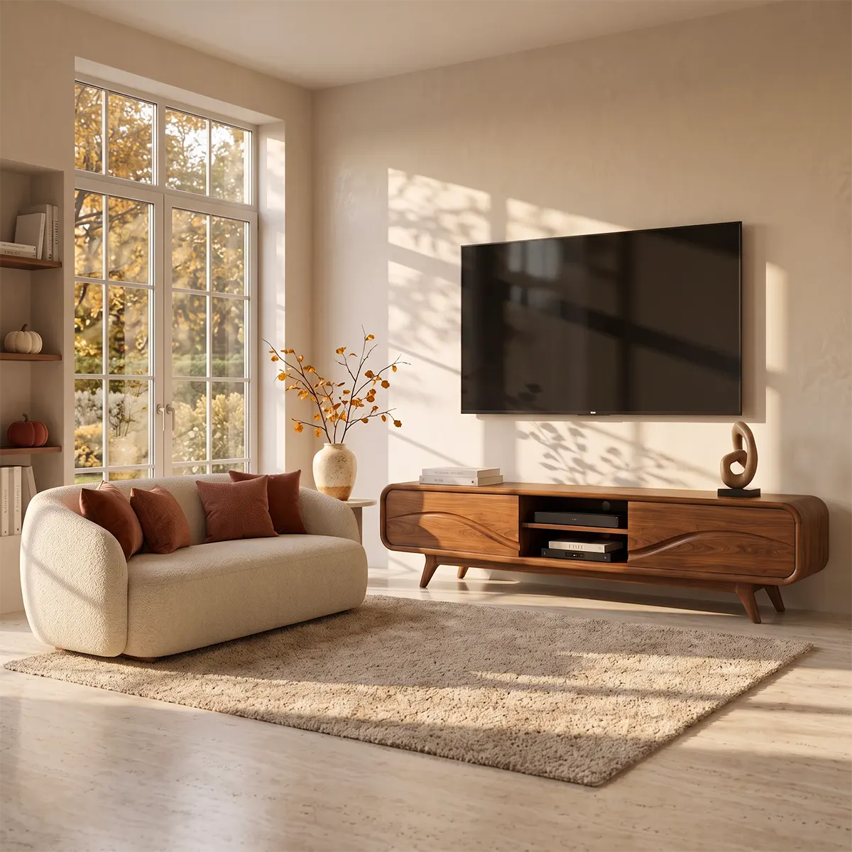 Modern TV Stand with 2 Open Shelves & Enclosed Storage | Sculptural Wave Media Console TT006-7PJS6KB