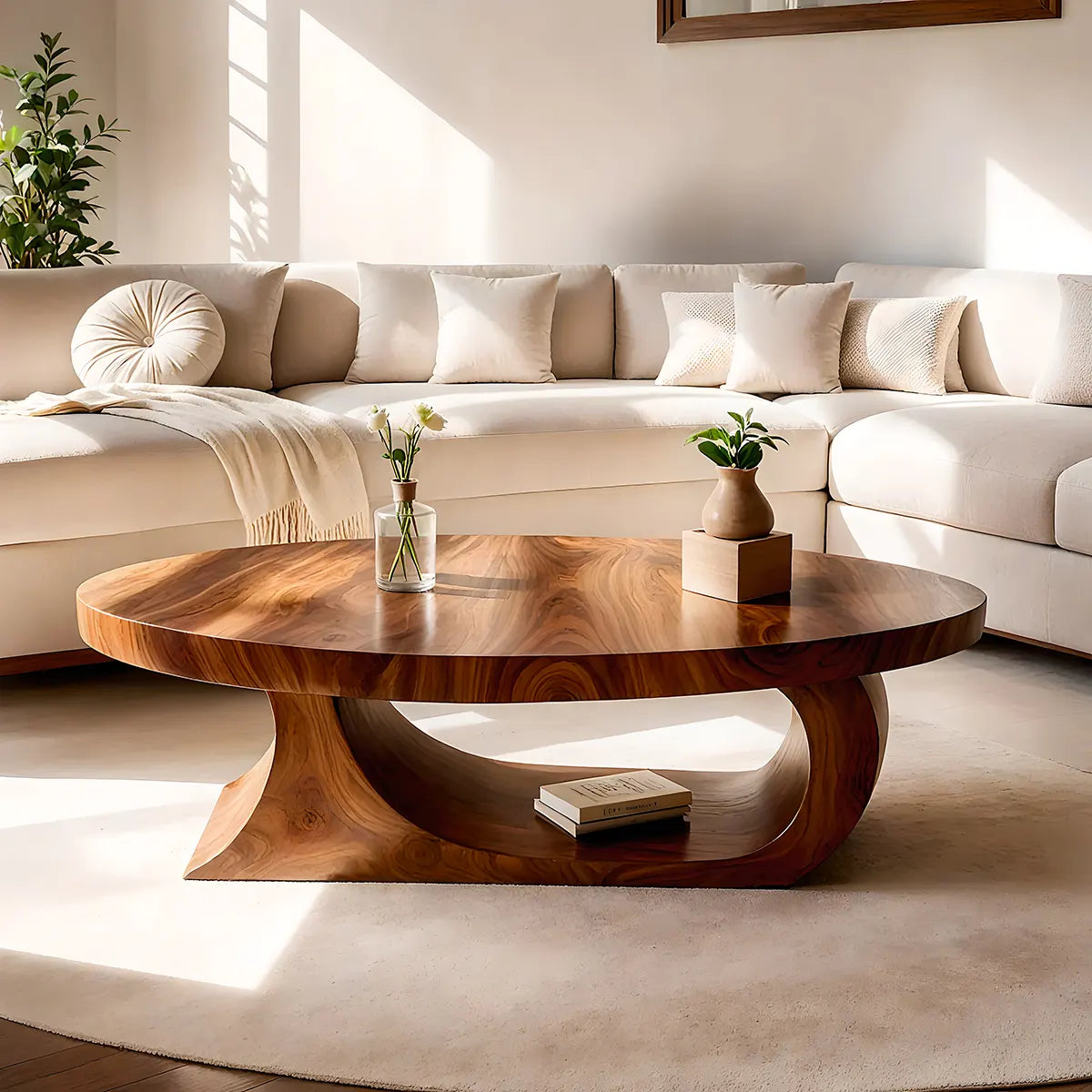 Oval Coffee Table, Organic Modern Wood Coffee Table, Sculptural Loop Base Center Table TT006-5586
