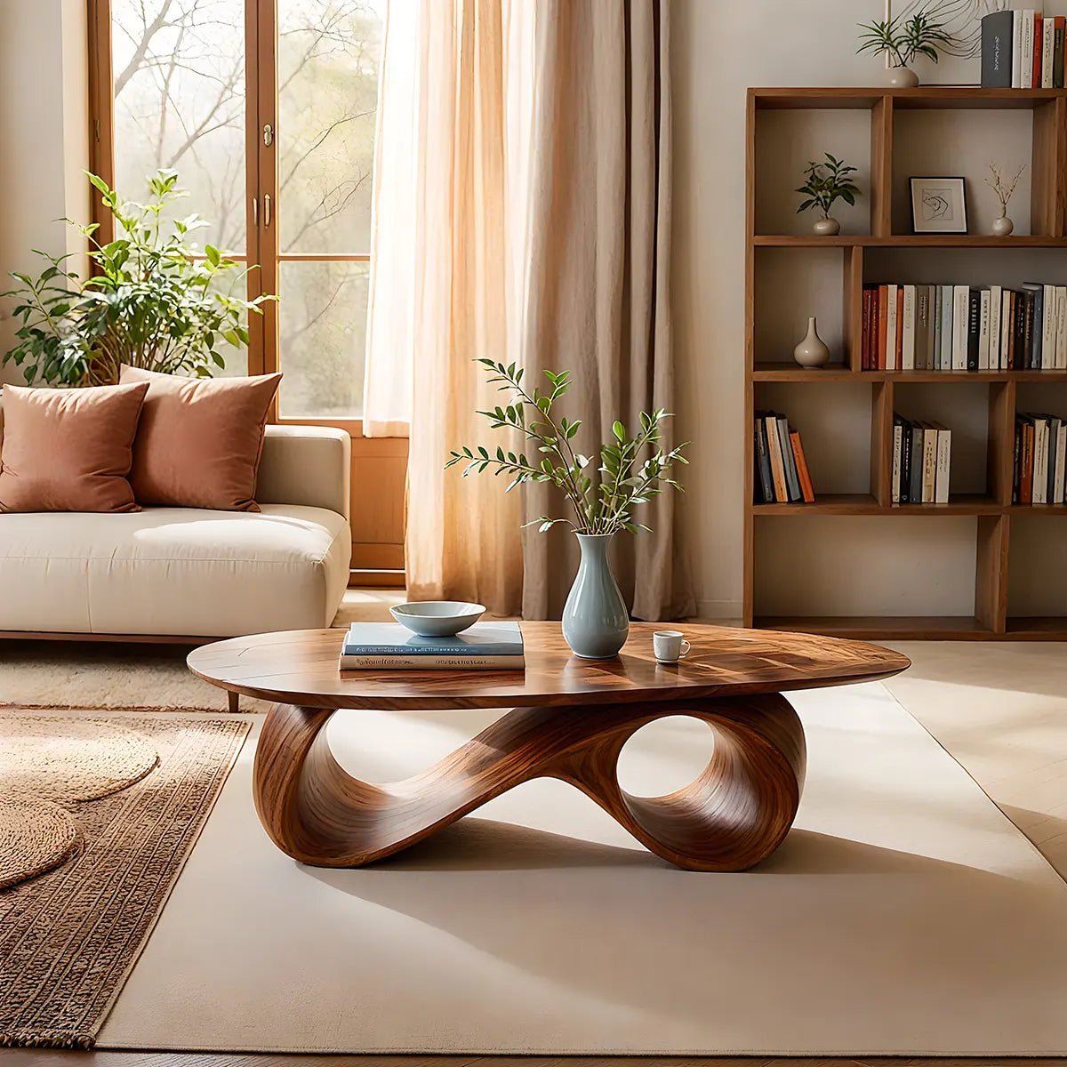 Organic Coffee Table, Sculptural Wood Coffee Table, Modern Oval Living Room Center Table TT006-5012