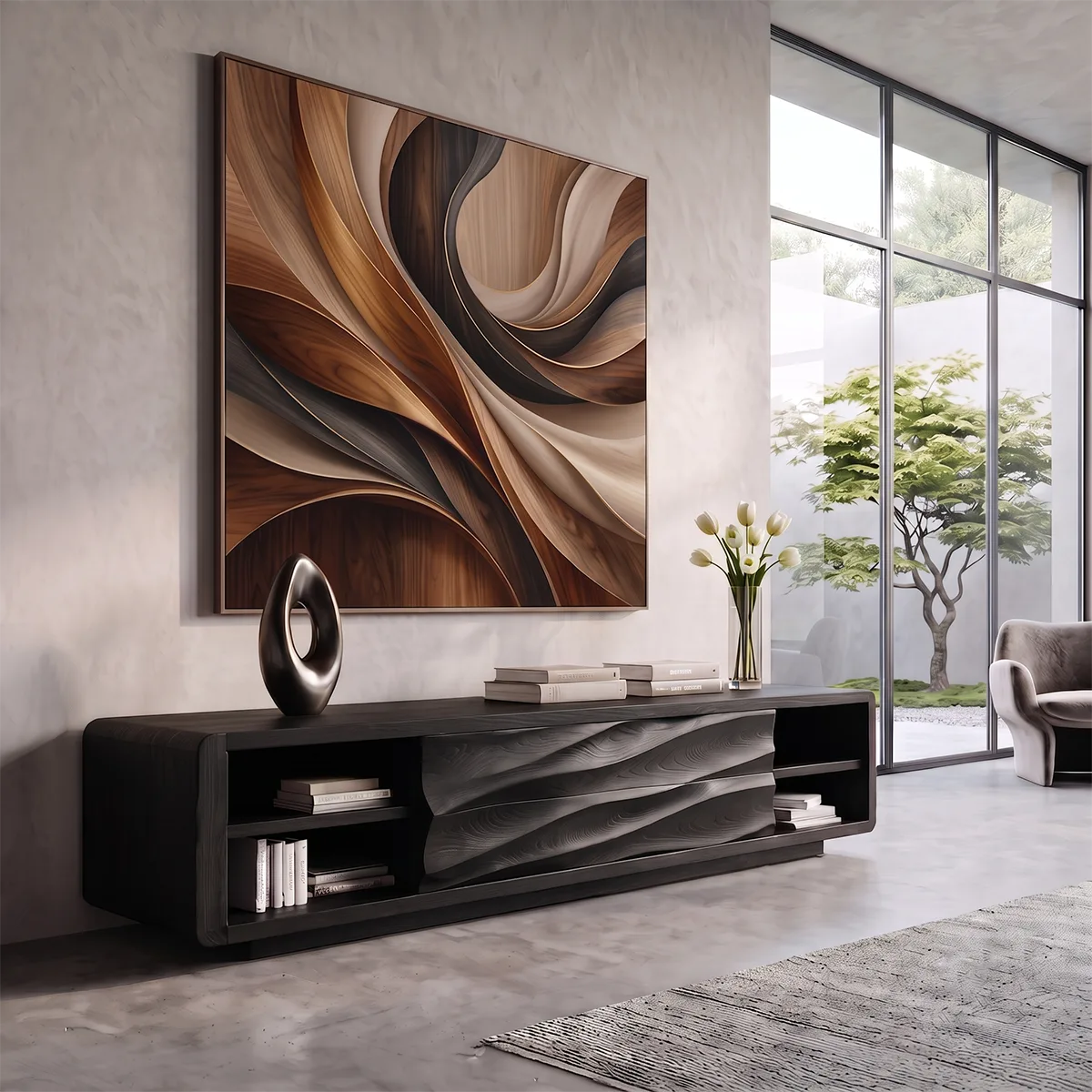 Modern Sideboard with Open Shelves and Concealed Center Storage | Rounded Low Cabinet HG021-9MGF3LT