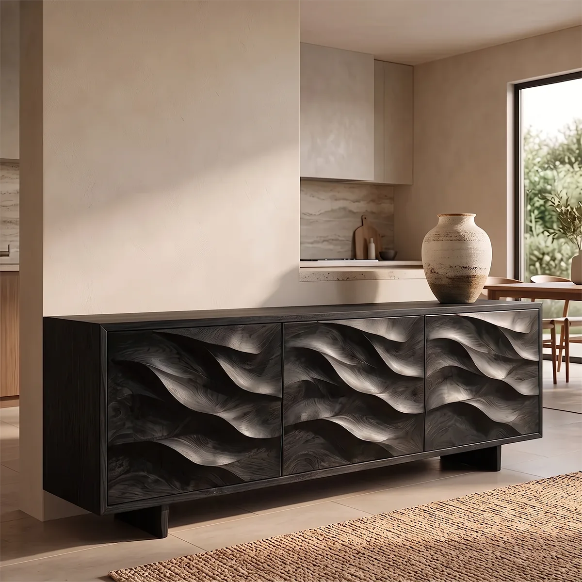 Wave Carved Solid Wood Sideboard | Organic Modern Buffet Cabinet for Dining & Living Room TH003-3569