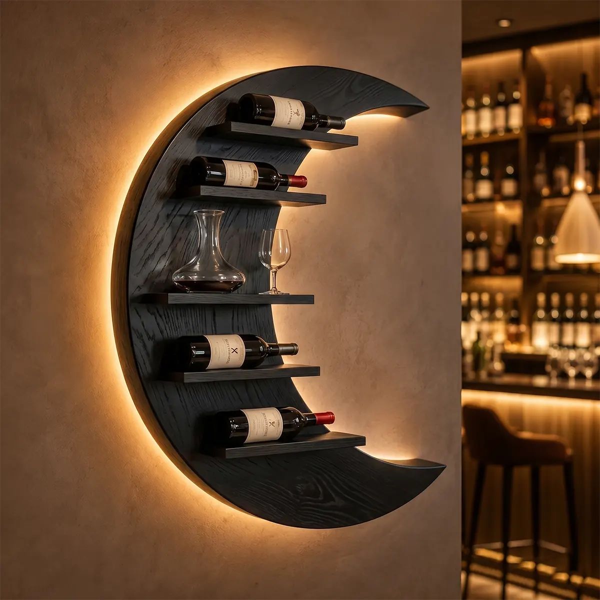Crescent Moon Solid Wood Wall Wine Rack for Home Bars & Wine Lovers TT006-2517