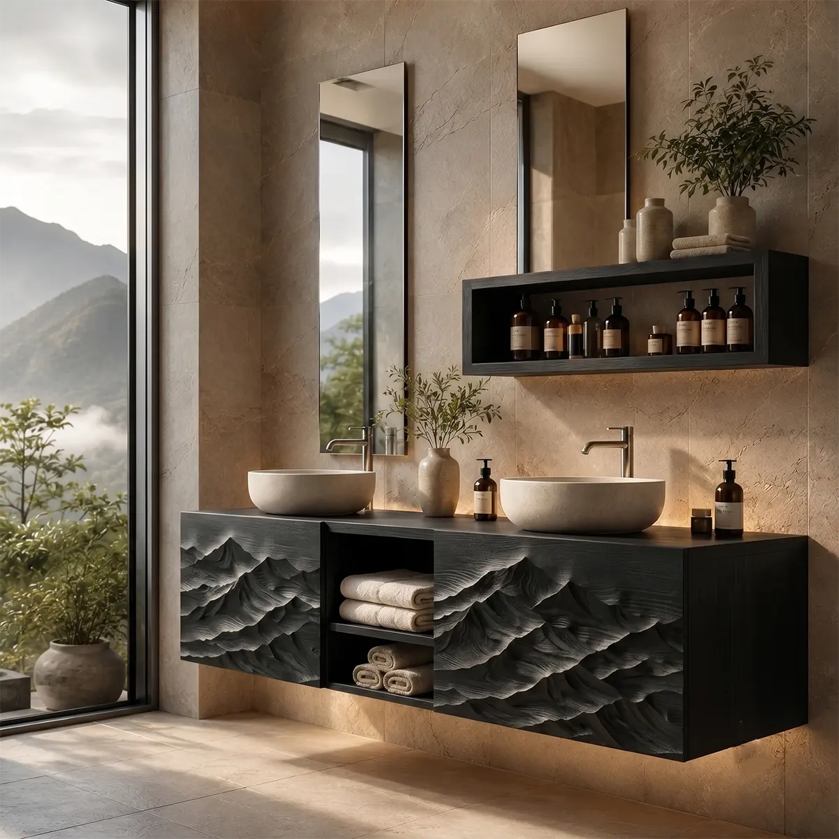 Mountain Landscape Floating Double Sink Bathroom Vanity TT006-8076