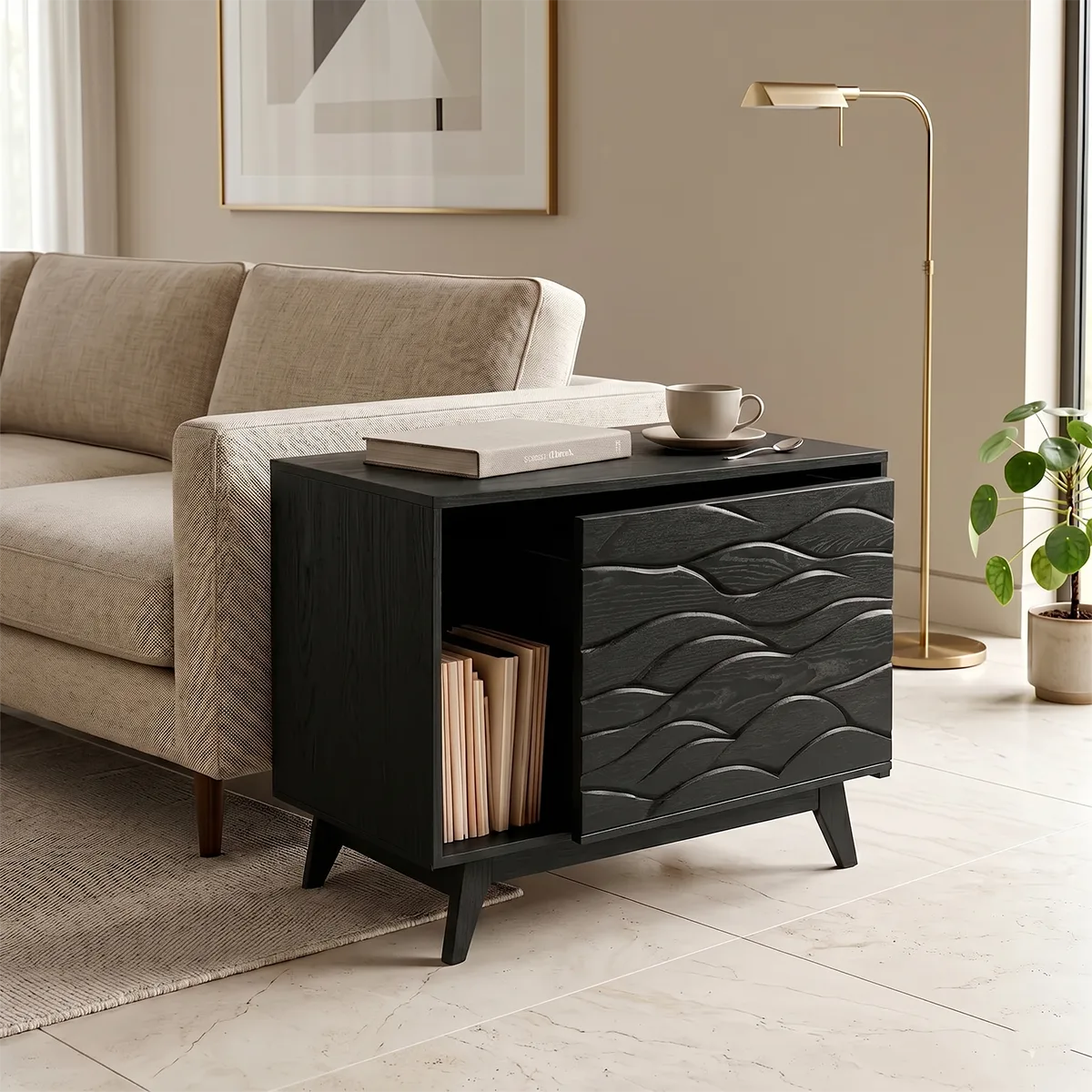 Modern Solid Wood End Table with Sliding Door | Mid Century Storage Side Table TH003-6980