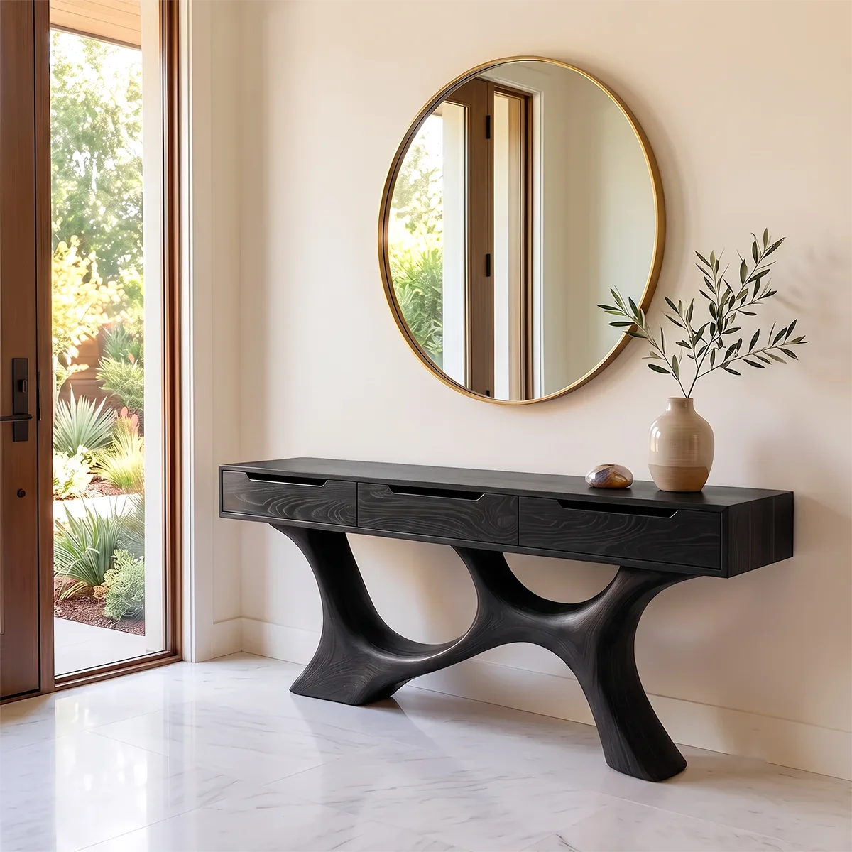 Modern Storage Console Table with Sculptural Base – Contemporary Entryway Table with Drawers TH003-9771