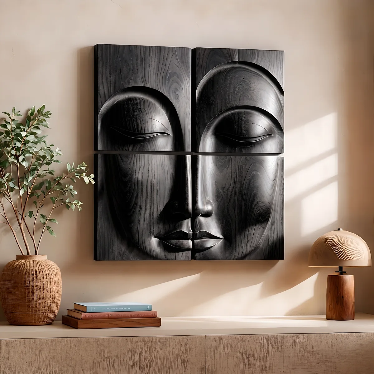 Abstract Wooden Face Wall Art | Large 4 Panel Hand Carved Wood Sculpture TT006-3622