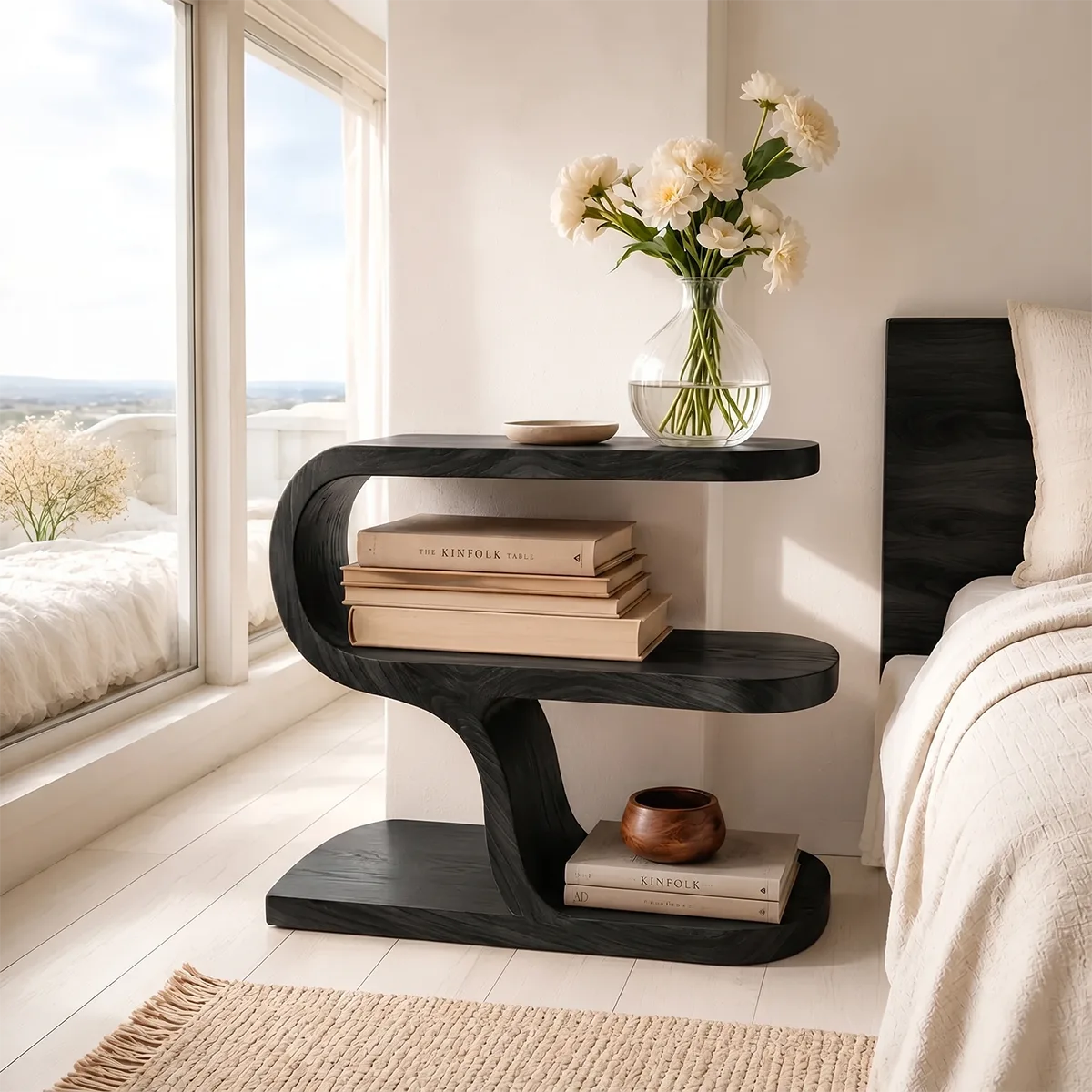Modern Sculptural Wooden Nightstand with Open Storage Shelves