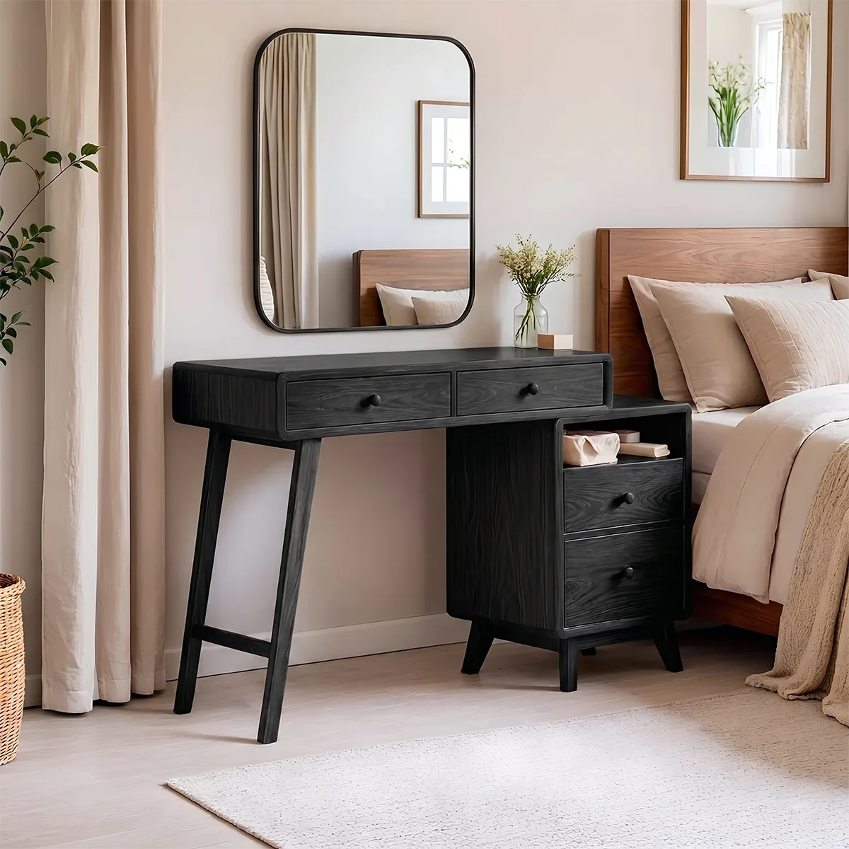 Mid-Century Solid Wood Vanity Desk with Side Cabinet Storage and Mirror