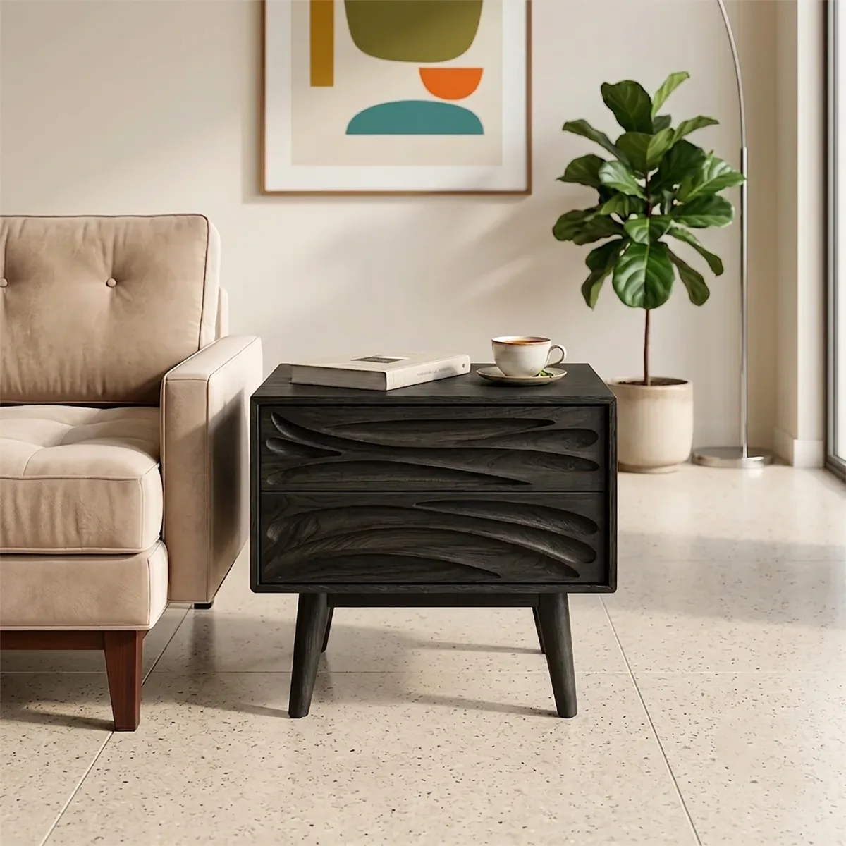 Modern Solid Wood End Table | Mid Century Side Table with 2 Carved Storage Drawers TH003-8695