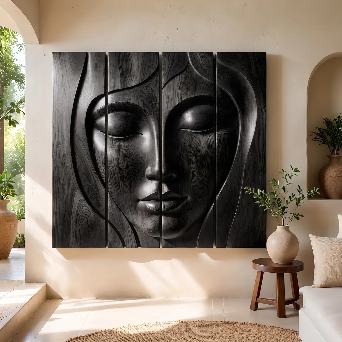 Abstract Wooden Face Wall Art | Large 4 Panel Hand Carved Wood Sculpture TT006-6938