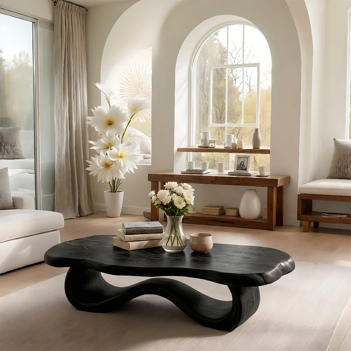 Organic Sculptural Solid Wood Coffee Table – Handcrafted Wave Base Center Table