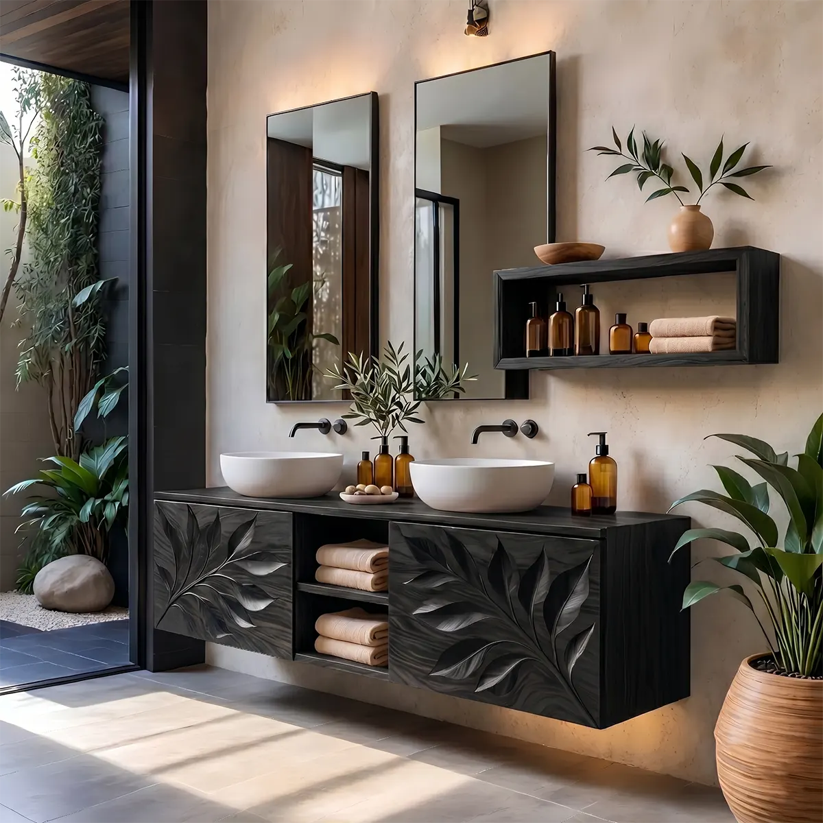 Leaf Carved Floating Double Sink Bathroom Vanity TT006-8363