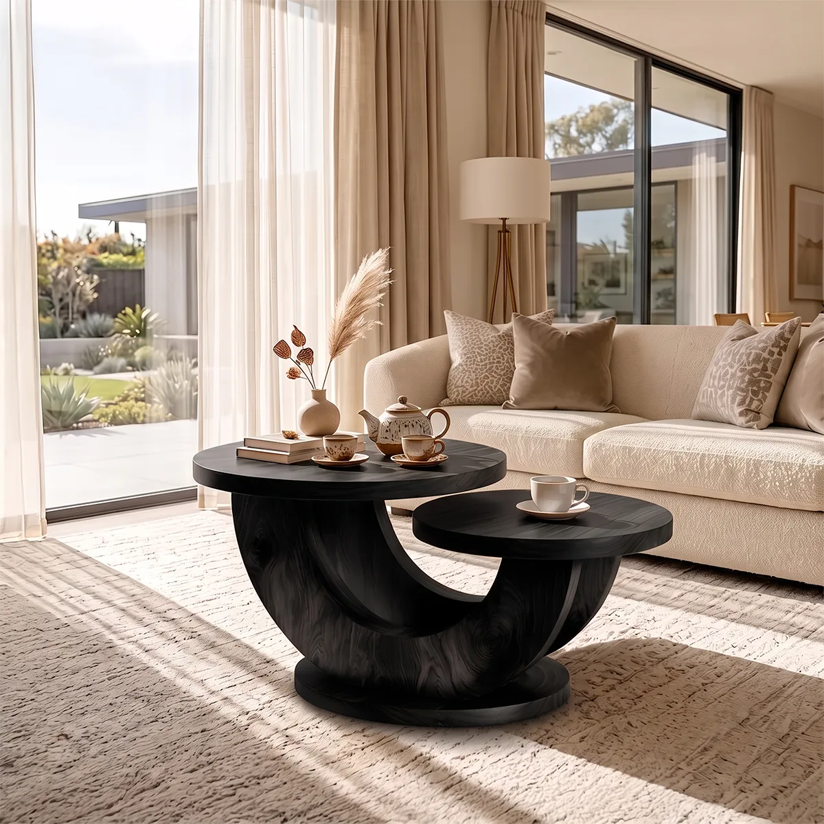 Sculptural Two-Tier Round Coffee Table with Curved Base | Organic Modern Living Room Table TH003-3SBR5VG