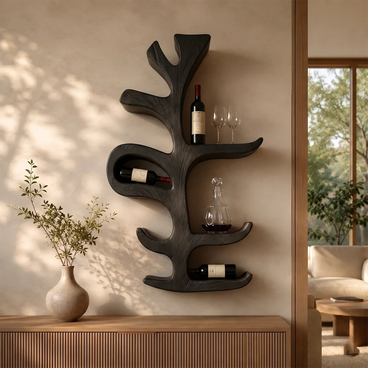 Sculptural Tree Solid Wood Wall Wine Holder for Dining Rooms & Wine Lovers TT006-6823
