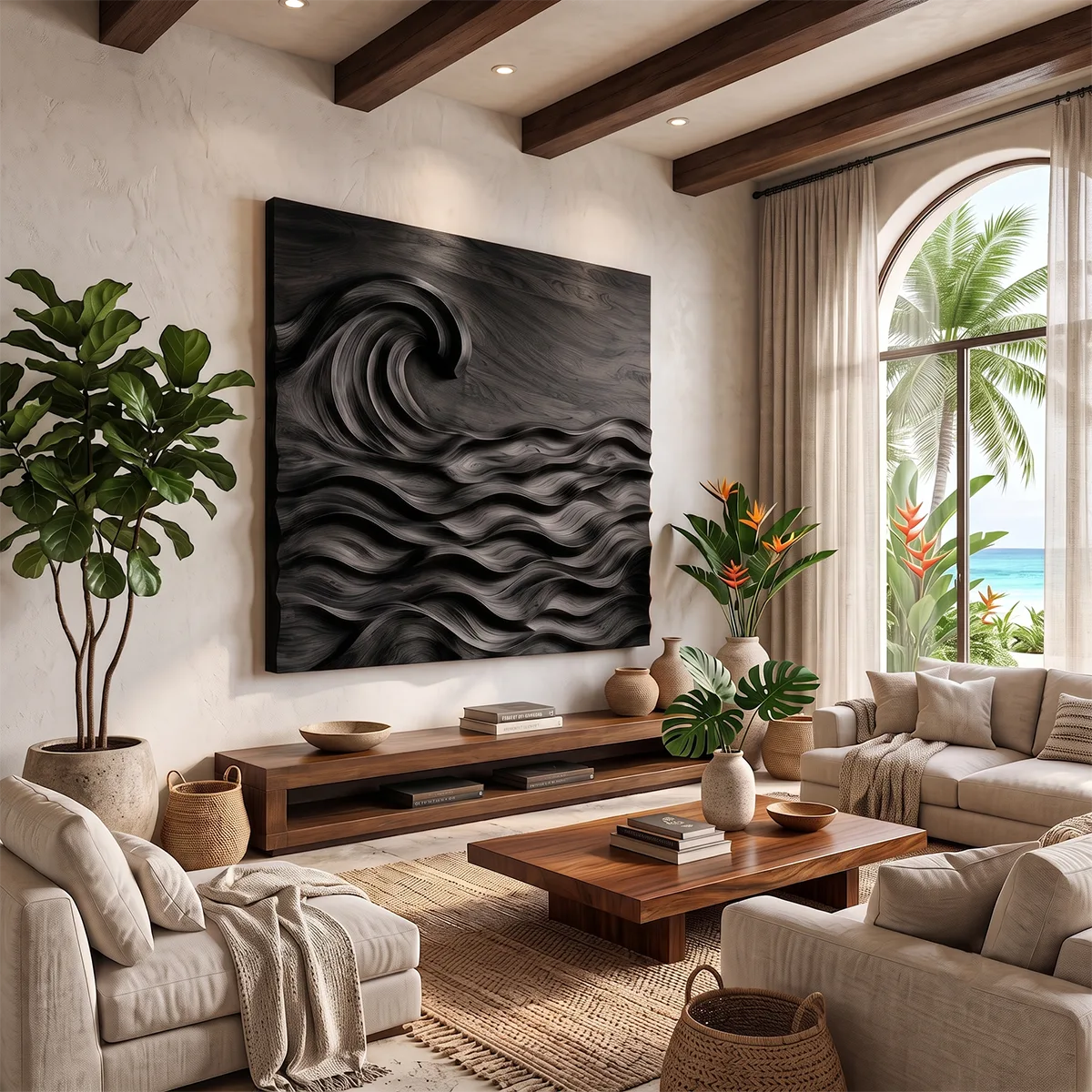 Abstract Wooden Ocean Wave Wall Art | Large Hand Carved Coastal Wood Sculpture TT006-2426