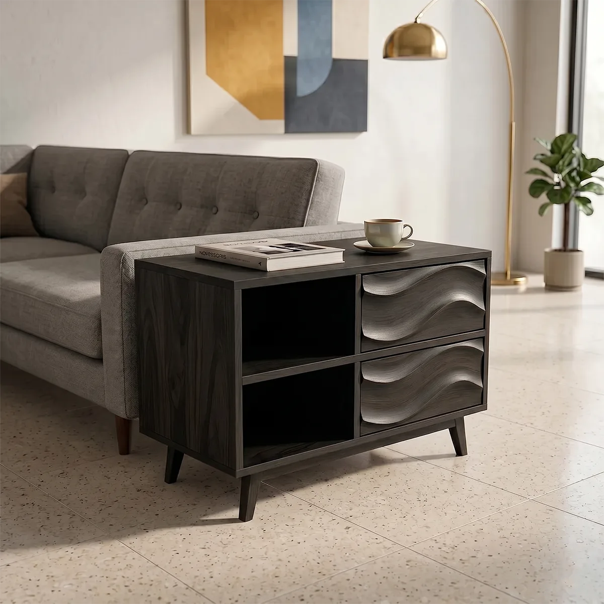 Modern Solid Wood End Table with Storage | Mid Century Side Table with 2 Drawers & Open Shelves TH003-4573
