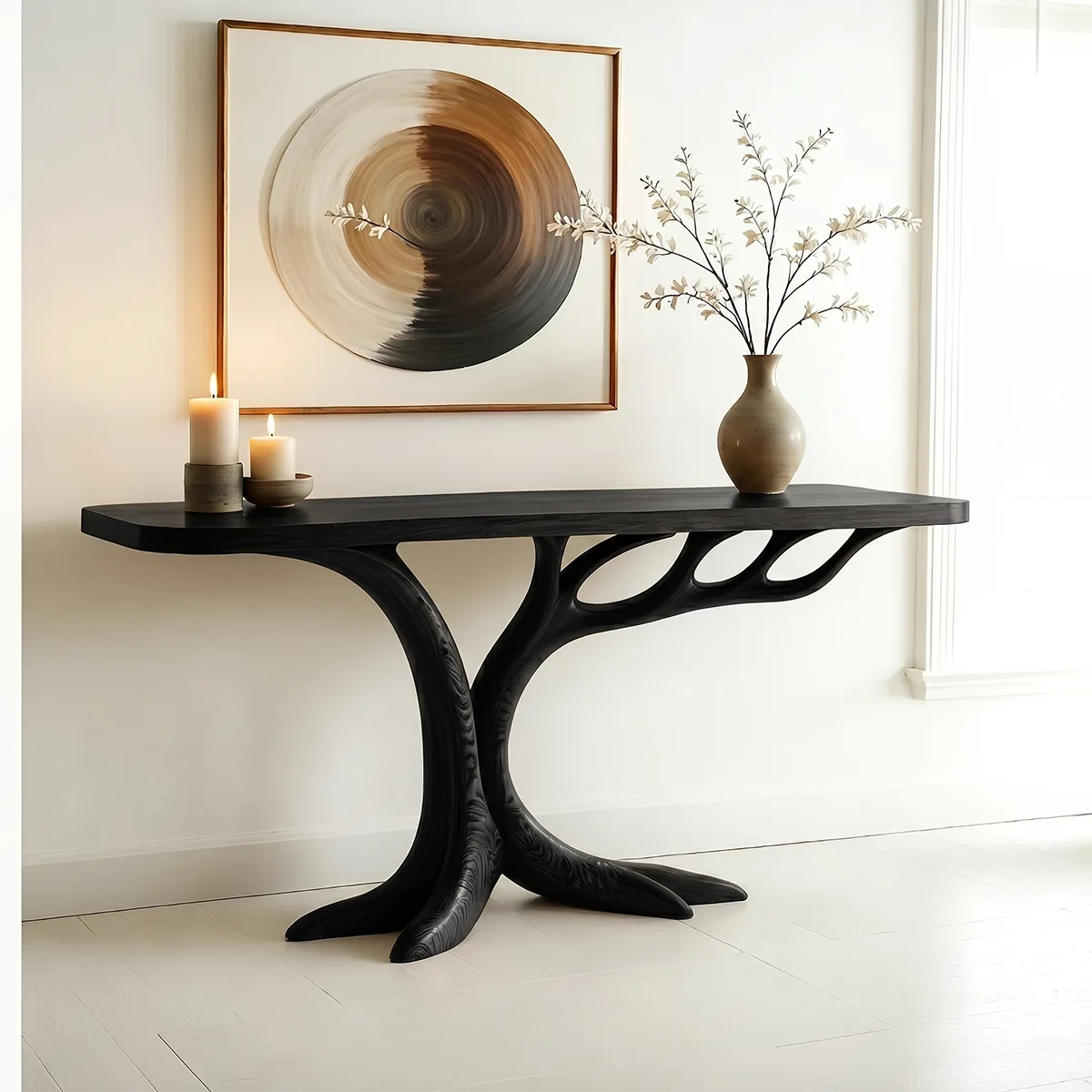 Sculptural Solid Wood Console Table for Entryway & Hallway