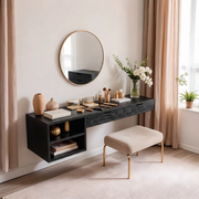 Floating Solid Wood Vanity Desk with Open Shelving and Storage Drawers