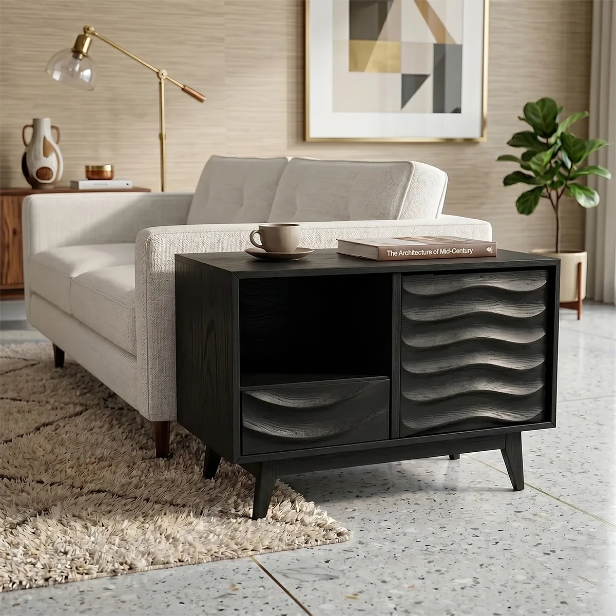 Modern Solid Wood End Table with Storage | Mid Century Side Table with Drawer & Cabinet TH003-4266