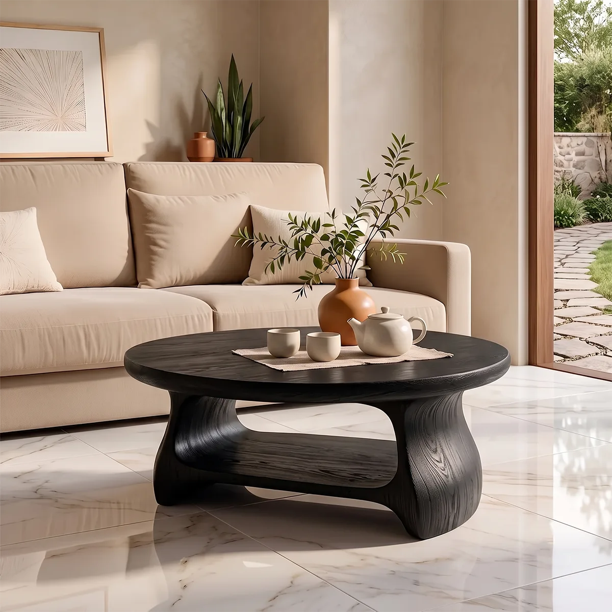 Modern Round Coffee Table with Shelf | Sculptural Wood Coffee Table for Living Room TH003-3167