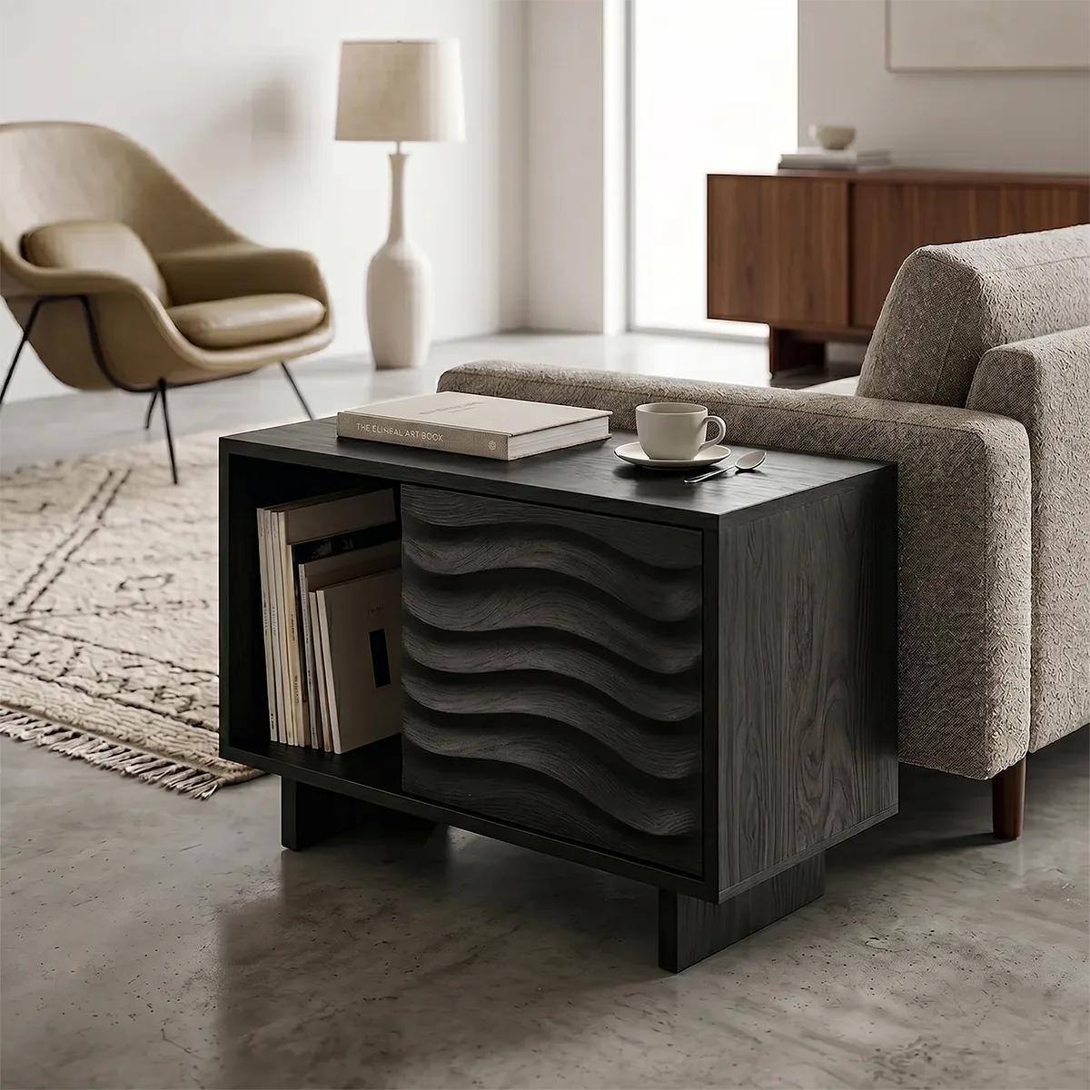 Modern Solid Wood End Table with Sliding Door | Mid Century Storage Side Table for Living Room TH003-7699