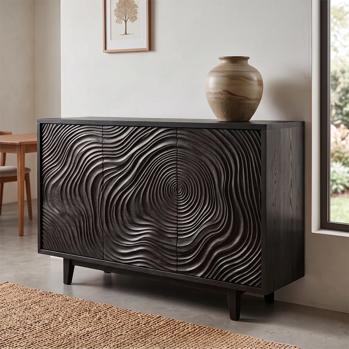 Tree Ring Carved Solid Wood Sideboard | Sculptural Buffet Cabinet for Organic Modern Interiors TH003-6042