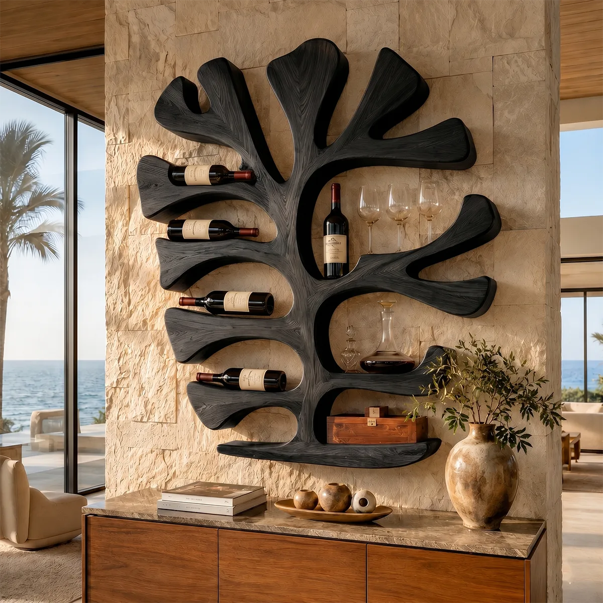 Sculptural Solid Wood Tree Wine Holder for Home Bars, Kitchen & Dining Rooms TT006-9699